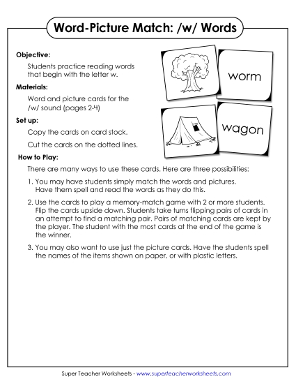 Card Games & Sorts - Word-Picture Match - /w/ Words (Printable PDF Worksheet)
