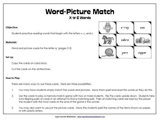 Card Games & Sorts - Word-Picture Match - /x/, /y/, and /z/ (Printable PDF Worksheet)