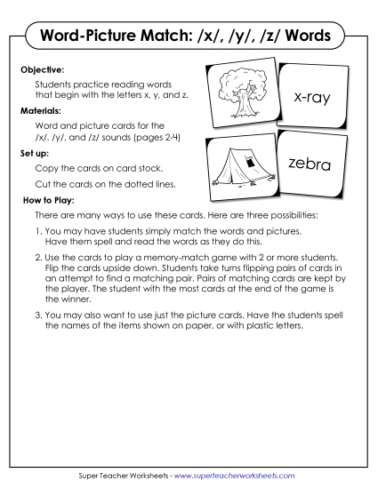 Card Games & Sorts - Word-Picture Match - /x/, /y/, and /z/ Words (Printable PDF Worksheet)