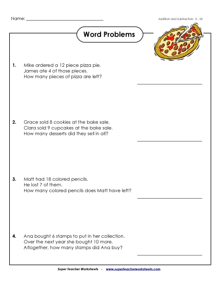 Addition and Subtraction Mixed - Word Problem Practice Activity: Facts 0-20 (Printable PDF Worksheet)