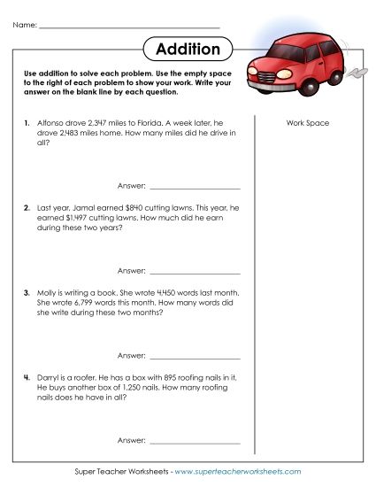 4-Digit Addition - Word Problems: 4-Digit Addition (Printable PDF Worksheet)