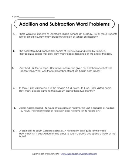 Addition and Subtraction Mixed - Word Problems: Addition and Subtraction (Printable PDF Worksheet)
