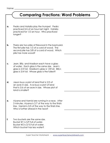 Comparing Fractions - Word Problems: Compare Fractions 2 (Printable PDF Worksheet)