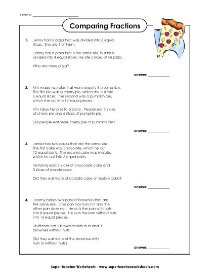 Comparing Fractions - Word Problems: Compare Fractions (Printable PDF Worksheet)