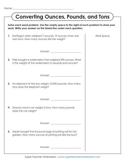 Worksheets - Word Problems: Converting Ounces, Pounds, and Tons (Printable PDF Worksheet)