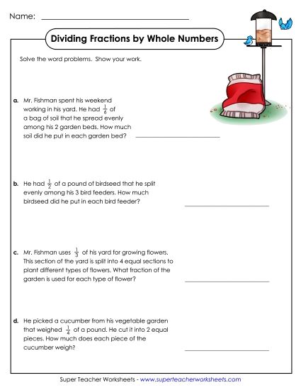Dividing Fractions - Word Problems: Dividing Fractions by Whole Numbers (Printable PDF Worksheet)