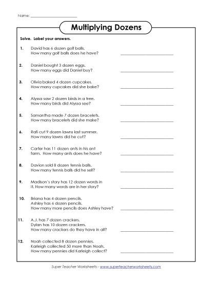 Multiplication by 12s Only - Word Problems: Dozens (Printable PDF Worksheet)