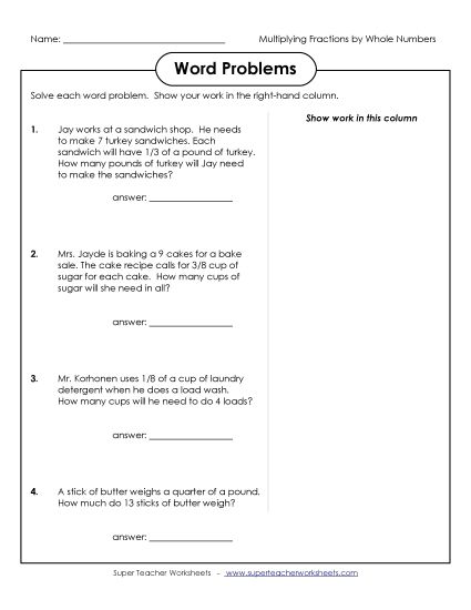 Multiplying Fractions by Whole Numbers - Word Problems: Fractions x Whole Numbers (Printable PDF Worksheet)