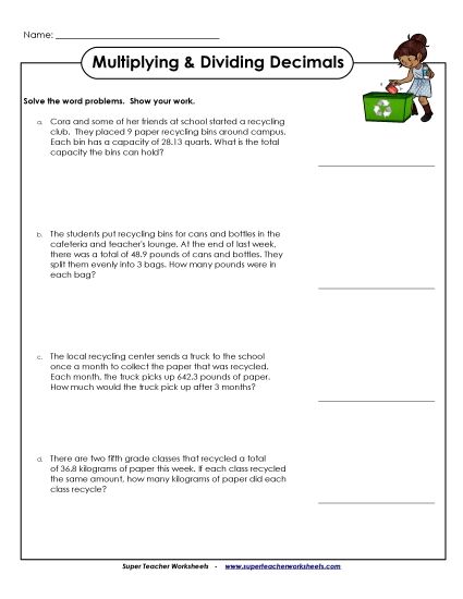 Decimals in the Dividends (Level: Basic) - Word Problems: Multiply & Divide Decimals by 1-Digit Numbers (Printable PDF Worksheet)