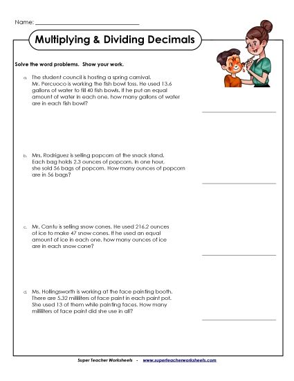 Decimals in the Dividends (Level: Basic) - Word Problems: Multiply & Divide Decimals by 2-Digit Numbers (Printable PDF Worksheet)
