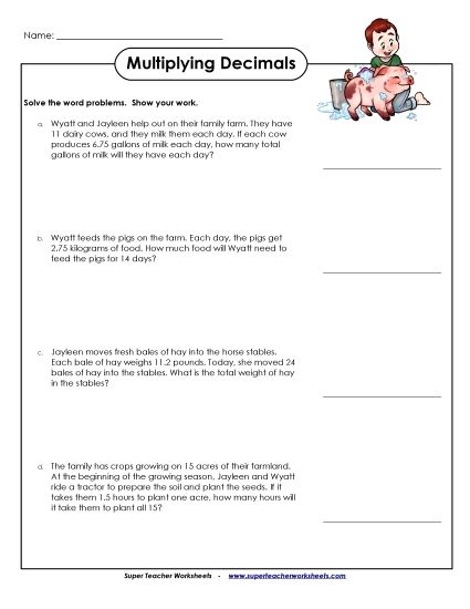 Multiplying Decimals By 2-Digit Numbers - Word Problems: Multiplying Decimals by 2-Digit Numbers (Printable PDF Worksheet)