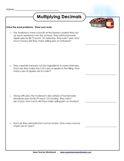 Multiplying Decimals By 1-Digit Numbers - Word Problems: Multiplying Decimals (Printable PDF Worksheet)