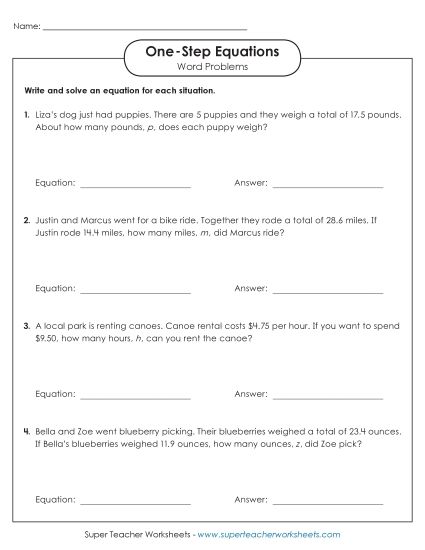 Addition, Subtraction, Multiplication & Division - Word Problems: One-Step Equations (Advanced) (Printable PDF Worksheet)