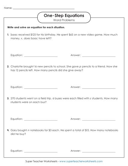 Addition, Subtraction, Multiplication & Division - Word Problems: One-Step Equations (Basic) (Printable PDF Worksheet)