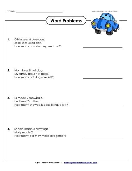 Word Problems - Word Problems: Single-Digit (Printable PDF Worksheet)