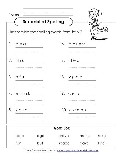 Worksheets - Word Scramble (A-7) (Printable PDF Worksheet)