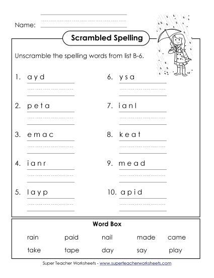 Worksheets - Word Scramble (B-6) (Printable PDF Worksheet)