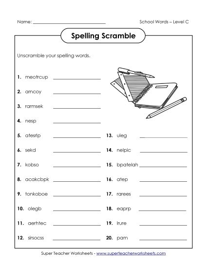 Worksheets and Activities  - Word Scramble (C-School Words)  (Printable PDF Worksheet)