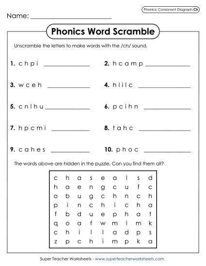 Worksheets - Word Scramble - /ch/ (Printable PDF Worksheet)