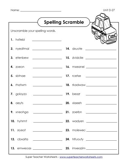Worksheets - Word Scramble (D-27)  (Printable PDF Worksheet)
