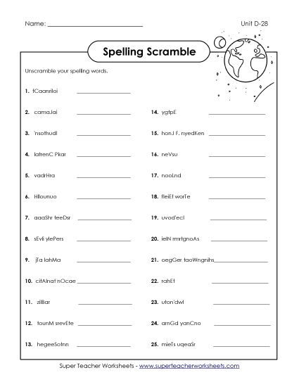 Worksheets - Word Scramble (D-28) (Printable PDF Worksheet)