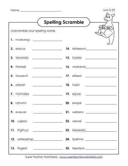 Worksheets - Word Scramble (D-29) (Printable PDF Worksheet)