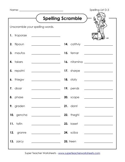 Worksheets - Word Scramble (D-3) (Printable PDF Worksheet)