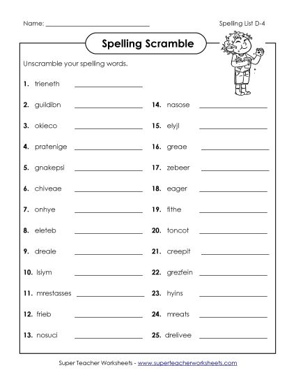 Worksheets - Word Scramble (D-4) (Printable PDF Worksheet)