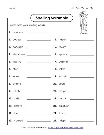 Worksheets and Puzzles - Word Scramble (E-1) (Printable PDF Worksheet)