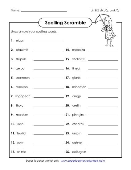 Worksheets and Puzzles - Word Scramble (E-2) (Printable PDF Worksheet)