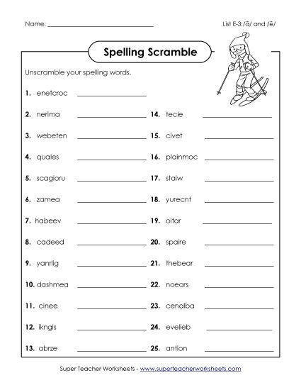 Worksheets and Puzzles - Word Scramble (E-3) (Printable PDF Worksheet)