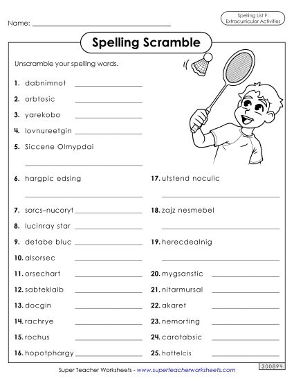 Worksheets and Puzzles - Word Scramble (Extracurriculars) (Printable PDF Worksheet)