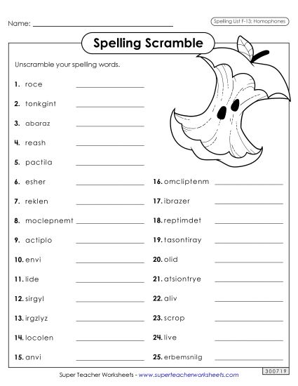 Worksheets and Puzzles - Word Scramble (F-13) (Printable PDF Worksheet)