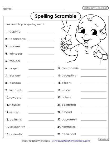 Worksheets and Puzzles - Word Scramble (F-5) (Printable PDF Worksheet)