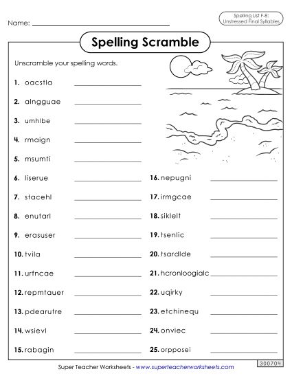 Worksheets and Puzzles - Word Scramble (F-8)  (Printable PDF Worksheet)