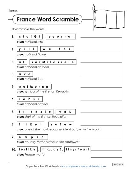 Puzzles - Word Scramble - France (Printable PDF Worksheet)