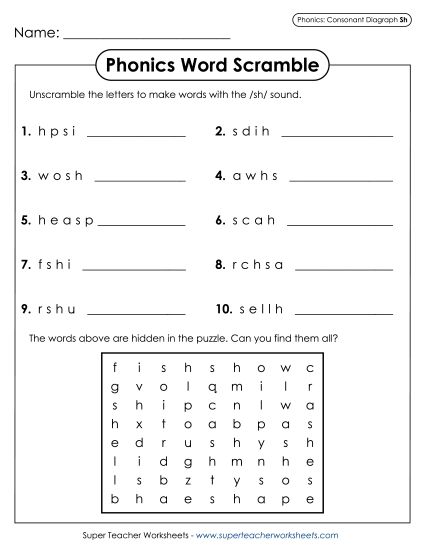 Worksheets - Word Scramble - /sh/ (Printable PDF Worksheet)