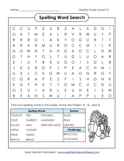 Worksheets and Activities - Word Search (C-Healthy Foods)  (Printable PDF Worksheet)