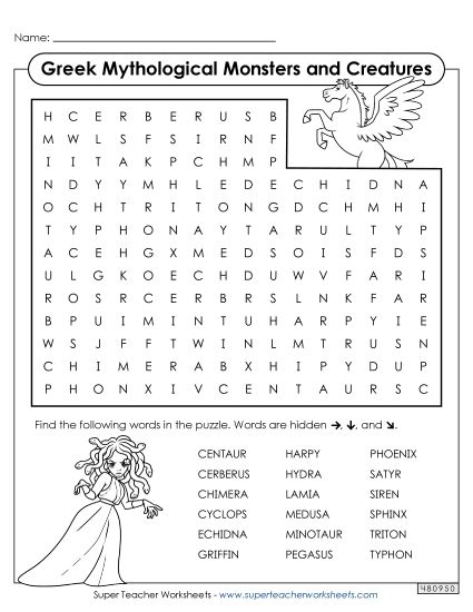 Puzzles - Word Search: Creatures & Monsters (Printable PDF Worksheet)