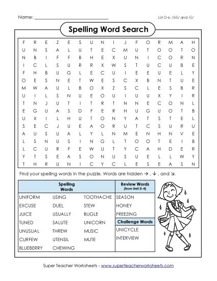 Worksheets - Word Search (D-6) (Printable PDF Worksheet)