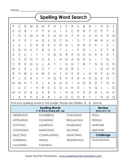 Printable Worksheets - Word Search (E-18) (Printable PDF Worksheet)