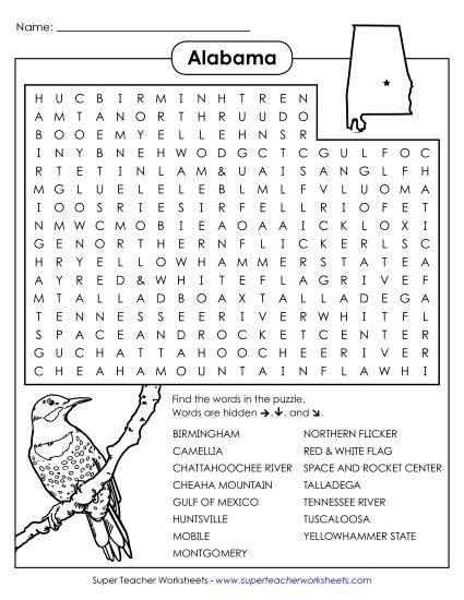 Puzzles - Word Search Puzzle: Alabama (Printable PDF Worksheet)