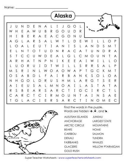 Puzzles - Word Search Puzzle: Alaska (Printable PDF Worksheet)