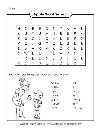 Puzzles - Word Search Puzzle: Apple Theme (Printable PDF Worksheet)