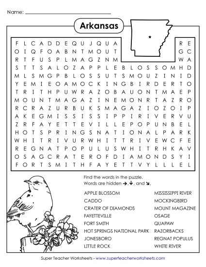 Puzzles - Word Search Puzzle: Arkansas (Printable PDF Worksheet)