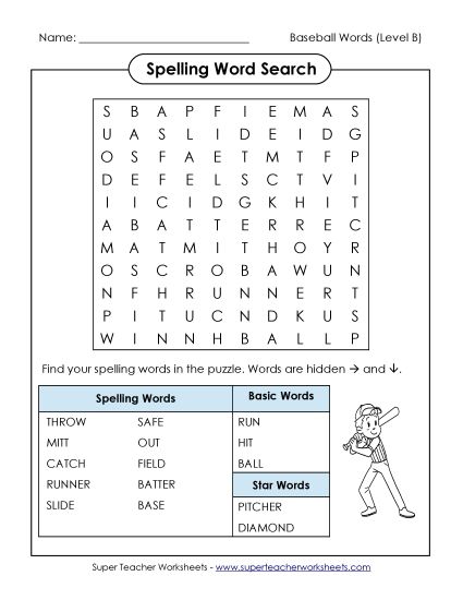 Flashcards - Word Search Puzzle (B-Baseball)  (Printable PDF Worksheet)