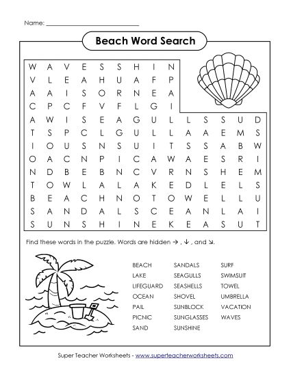 Puzzles & Activities - Word Search Puzzle - Beach (Printable PDF Worksheet)