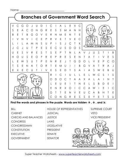 Puzzles - Word Search Puzzle: Branches of Government Theme (Printable PDF Worksheet)