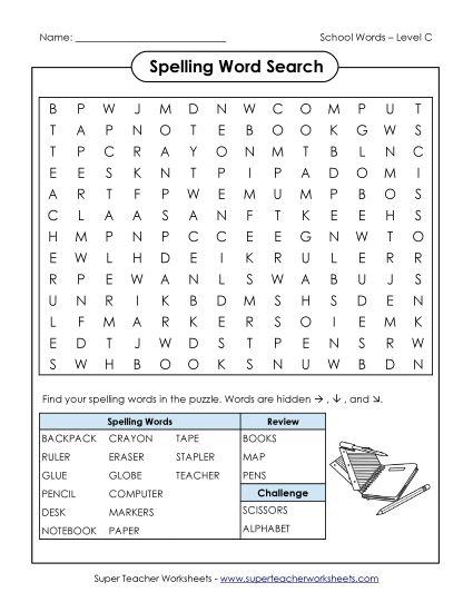 Worksheets and Activities  - Word Search Puzzle (C-School Words)  (Printable PDF Worksheet)