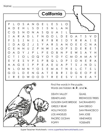 Puzzles - Word Search Puzzle: California (Printable PDF Worksheet)